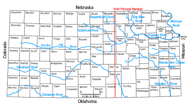 Map showing counties and major rivers in Kansas.