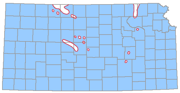 Map of Kansas with counties outlined and the vast majority of the area shaded