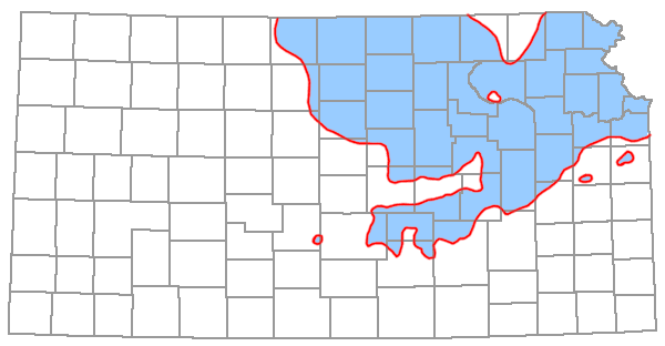 Map of Kansas with counties outlined and shaded areas in most of northeastern quarter of state and a bit of southeastern