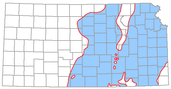 Map of Kansas with counties outlined and shaded areas in most of eastern parts of state
