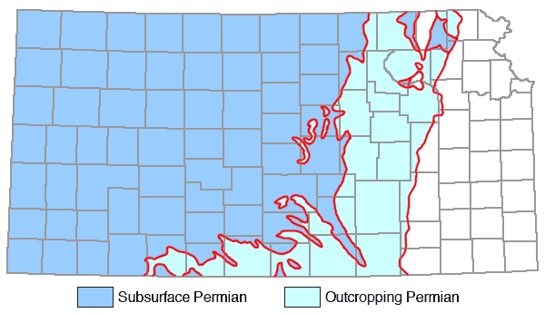 Map showing Permian at the surface (light blue) and in the subsurface (dark blue in western two-thirds of state).