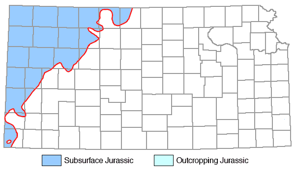 Map of Kansas showing subsurface Jurassic in dark blue (west of line running from Morton Co. in south to Smith Co. in north) and isolated Jurassic outcrop in light blue in southwestern Morton Co.