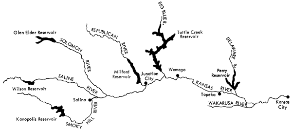 Kansas River in NE Kansas showing tributaries and reservoirs.