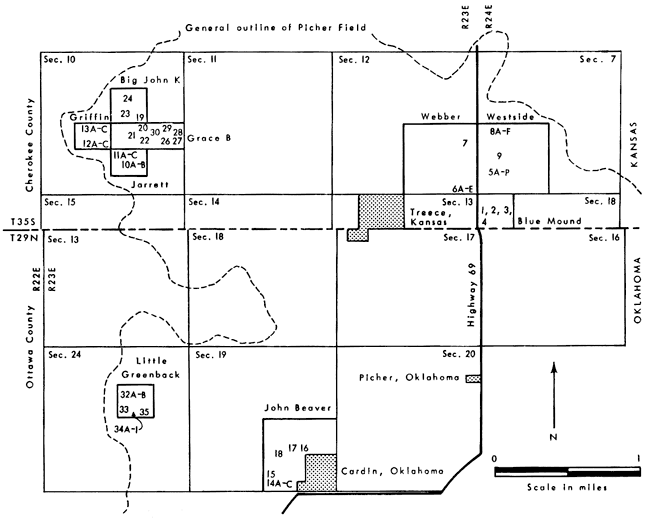 Map shows parts of Cherokee Co., Kansas, and Ottawa Co., Oklahoma, where samples taken.