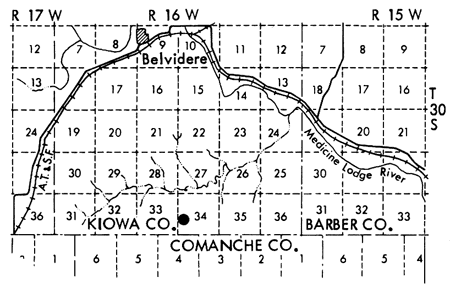 Map of a part of Kiowa and Barber counties; sampling area in SW Kiowa Co.