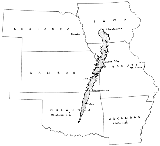 Outcrop runs from south of Tulsa through Independence and Iola, up to Kansas City, and ending south of Des Moines.