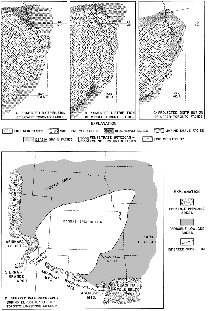 Shallow sea covers almost all of Kansas during time of deposition of Toronto Ls; highlands to south and west, with Ozark plateau to east; Vamoosa Delta to SE.