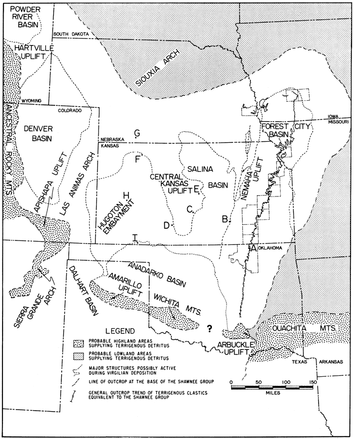 Nemaha uplift to west of study area, Forest City basin at northern end of study area, Arbuckle uplift to south.