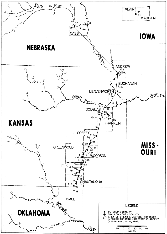 Most locations are in Kansas; one is in Osage Co., Oklahoma, and a few are in Nebraska, Iowa, and Missouri.