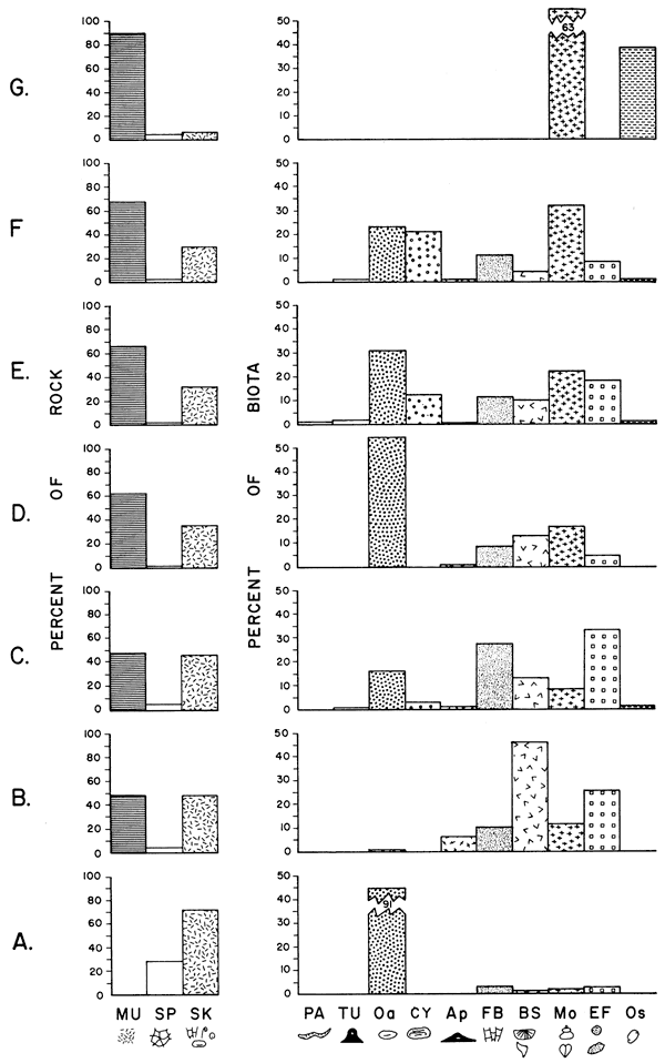 Each of seven facies is described in terms of percentage of rock type and percentage of biota present.