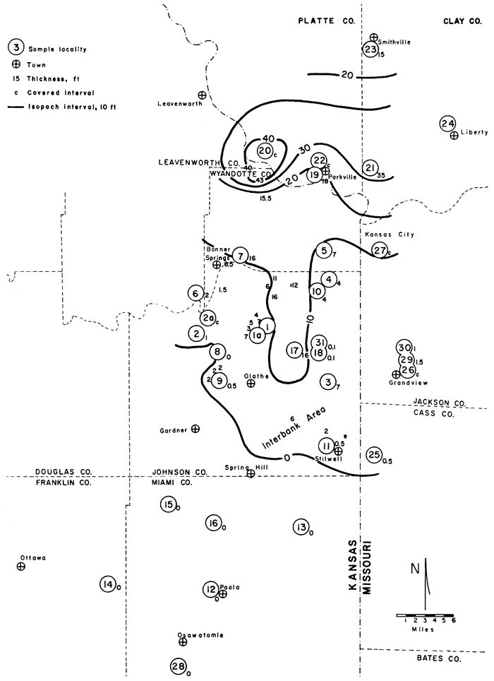 Island Creek Sh as thick as 40 feet where Leavenworth, Wyandotte, and Platt co. meet, drops to 10 in central Johnson Co. and then 0 in southern Johnson Co.