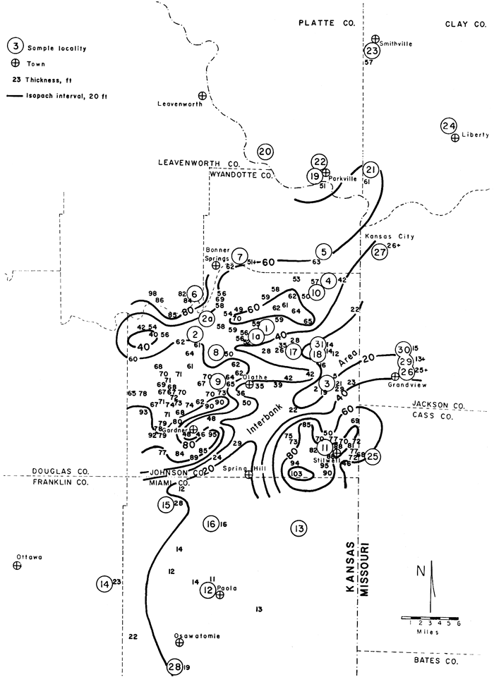 Wyandotte Ls thickest at 80 to 100 feet near Stilwell and Gardner, thinner near Olathe, thickens again to NW.
