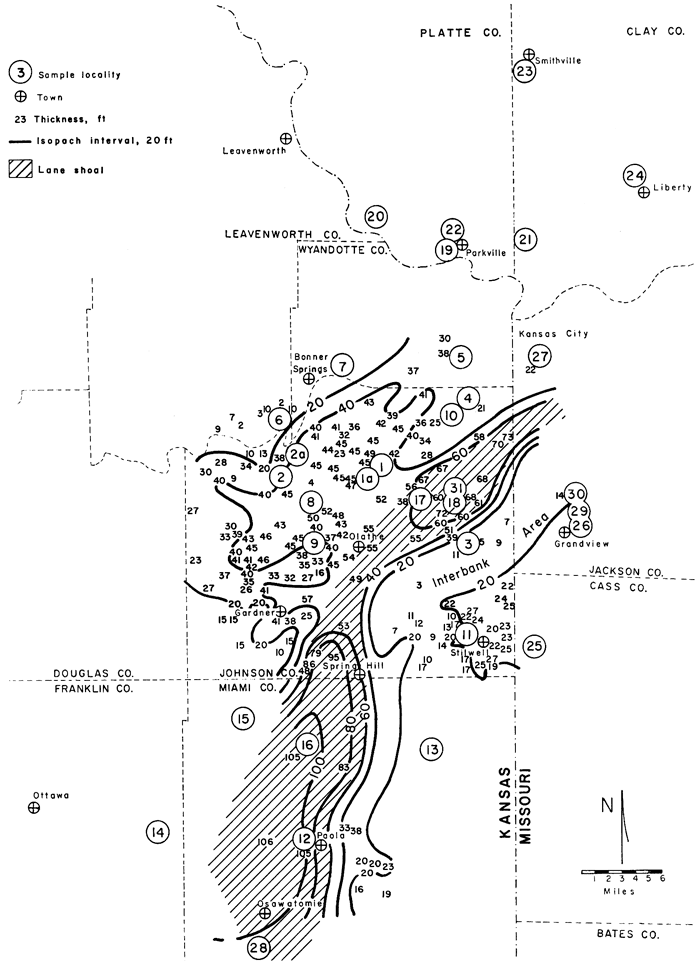 Lane Sh thickest to south in Miami Co. at 100 ft, thins to 20 ft near Bonner Springs, also thins to 20 in SE Johnson Co.