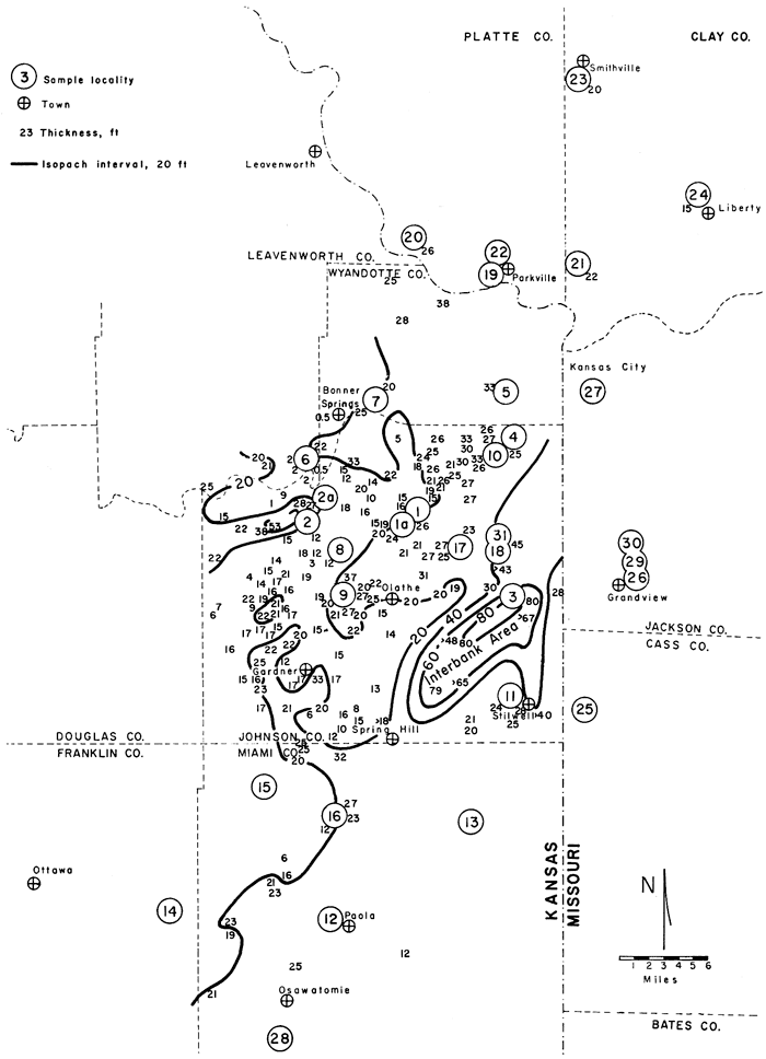 Bonner Springs Sh thickest at 80 ft in SE Johnson Co., thins to 20 in central part of county.