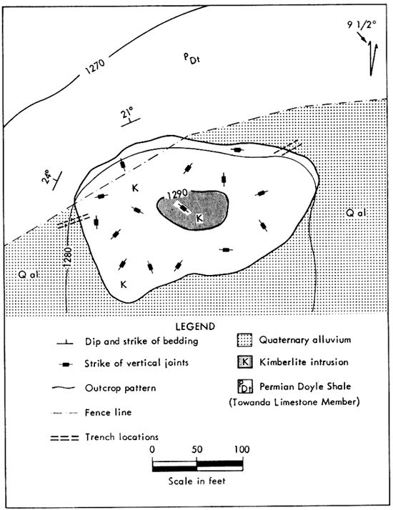 Kimberlite intrusion placed into Quaternary alluvium and Permian shale; elevation of 1290 near center of intrusion.