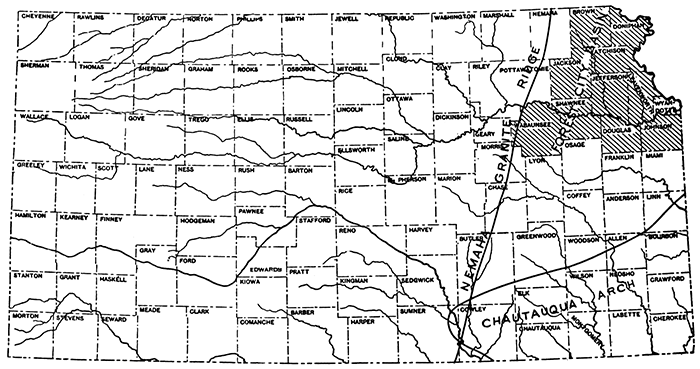 Map of Kansas highlighting eastern counties in the study< Nemaha Ridge to west, Chautauqua Arch to south, and Forest City Basin in NE Kansas.