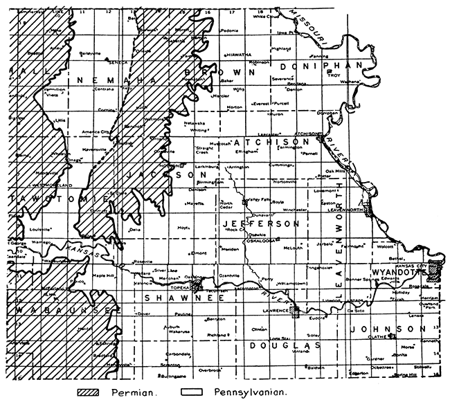 Map of eastern Kansas showing Pennsylvanian and Permian rocks.