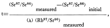 time = measured SR ratio minus the initial SR ratio, all divided by the Rb/Sr ration times the Rb decay constant