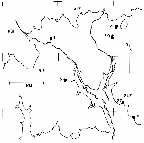 Map of the Yankee Tank Creek drainage basin showing the locations of the ponds sampled, the location of the sanitary landfill, permanent and intermittent streams, and the 900- and 1000-foot contours.