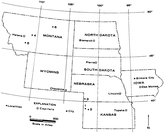 Two samples in NW Kansas, one in SW Nebraska, three in Montana; Gilmore City is in north-central Iowa