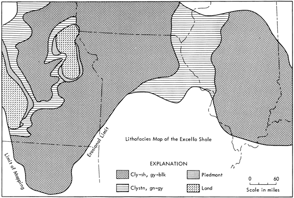 Eastern Kansas, Excello is clay-shale, gray-black, grading to claystone, green-gray to west and east.