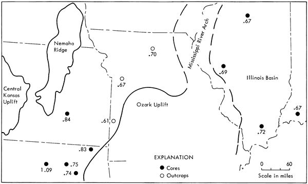 Ratios of .6 and .7 in Illinois Basin and western Missouri; values of .8 to over 1 in Kansas and Oklahoma.