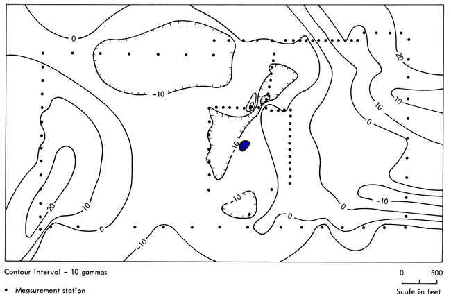 Map has somwhat of a saddle shape, with highs of 20 gammas in west and east and a zone of -10 in middle.