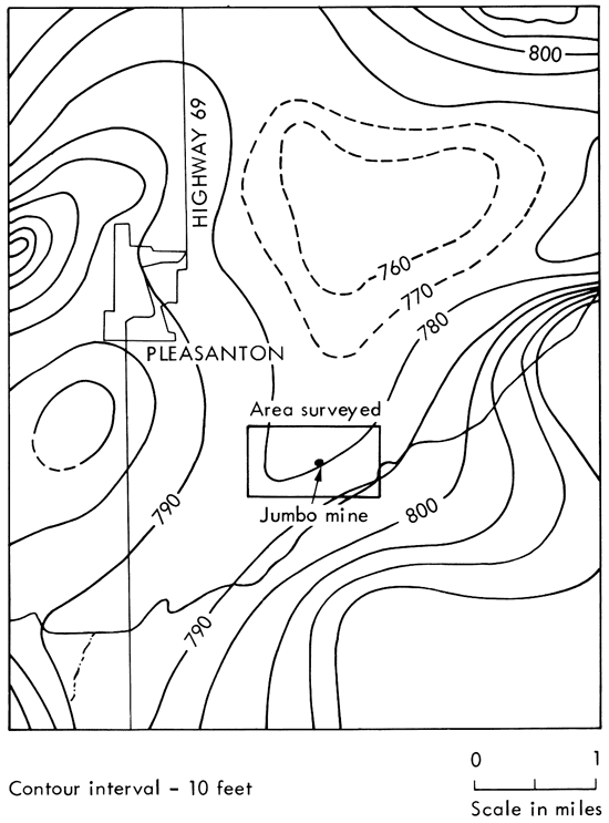 Structure contours show gentle regional slope from south-southeast to north-northwest in area studied.