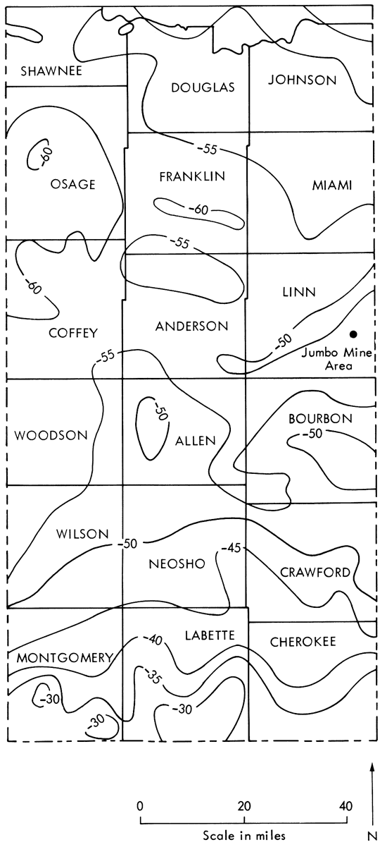 Regional values around -50 mgal for mine area; lows of -55 to the north and northwest, rises to -30 a few counties to the south.