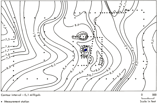 Values of 7.4 in far west to 9.5 in far east; around 8.6 in mine area; depresions of 8.3 or 8.4 at mine and to north and SE of mine