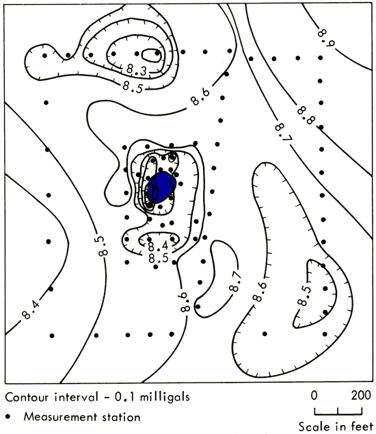 Close up of gravity close to mine; lowest point is on west boundary of mine depression.