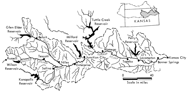 From west, reservoirs include Wilson, Glen Elder, Kanopolis, Milford, Tuttle Creek, and Perry.