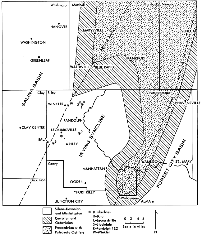 Manhattan in Irving syncline; to west in Abilene anticline and to east in Nemaha anticline.