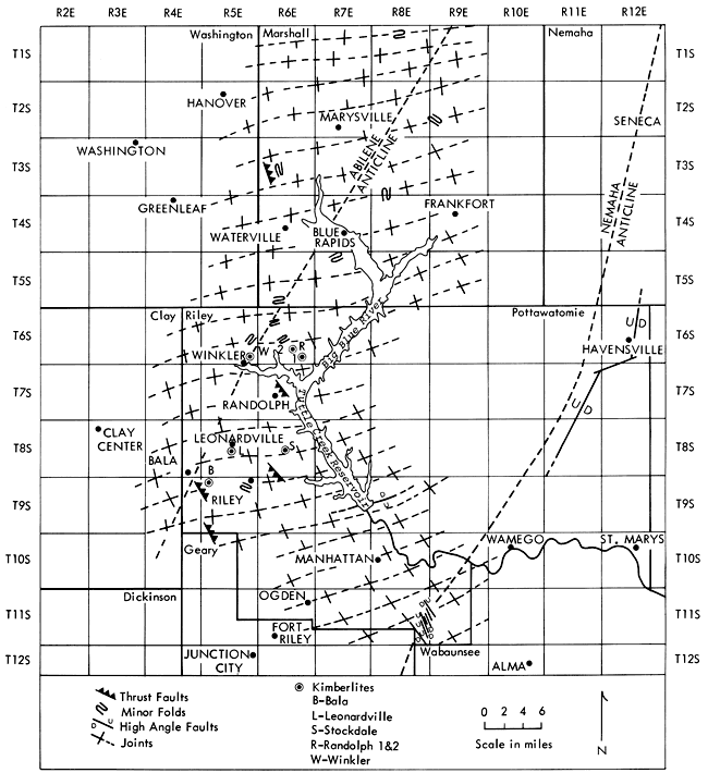 Map of Riley COunty area showing joints (trending primarily East-West); area of small high-angle faults southeast of Manhattan.