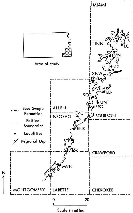 From north, outcrop in Miami, Linn, Bourbon, ALlen, Neosho, Labette, and Montgomery counties.