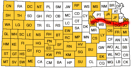 Index map of Kansas showing part of Kansas River valley highlighted