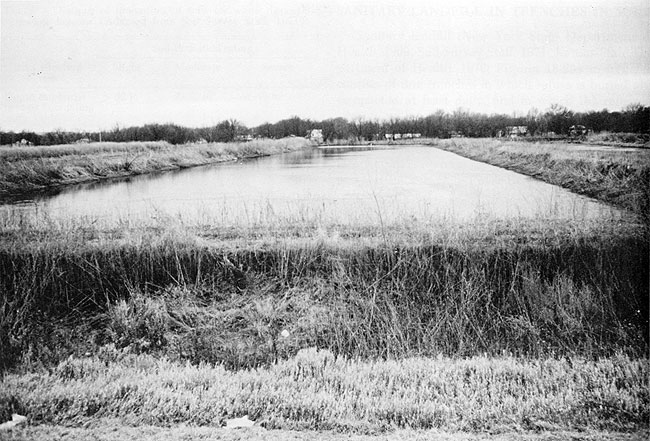 Photo of rectangular sewage lagoon; dike around water is grass covered.