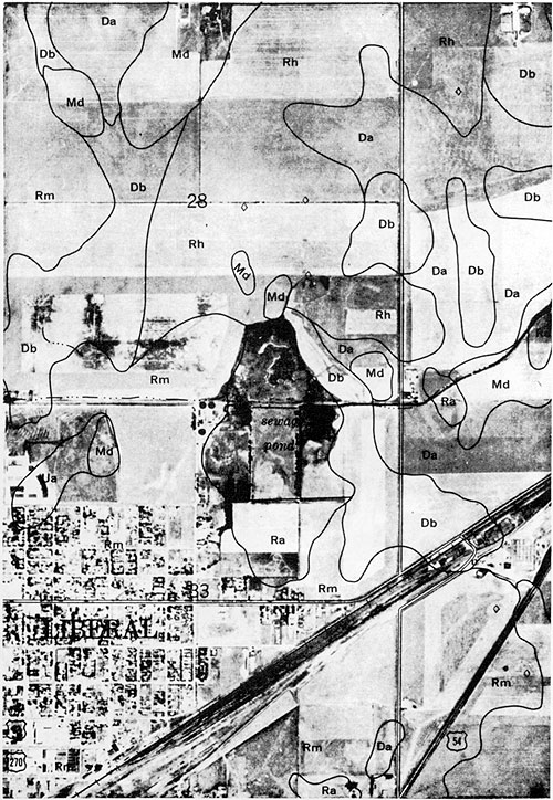 Hand drawn map of soil types around sewage pond near Liberal.