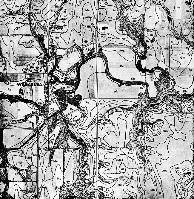 Hand drawn map of soil types around Wakarusa.