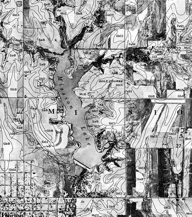 Hand drawn map of soil types around Mission Lake and golf course, Horton.