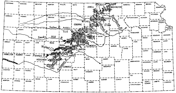 Map of Kansas showing outcrop belt from northern Ford County to Republic and Washington counties.