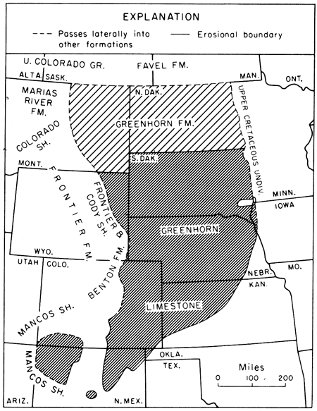 Greenhorn Limestone present in eastern Colorado, western Kansas north to Dakotas and eastern Montana; another disconnected part is in Four Corners area.