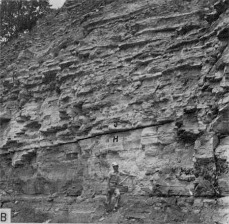 Black and white photo of steep cliff, cut for railroad bed not shown, researcher for scale.