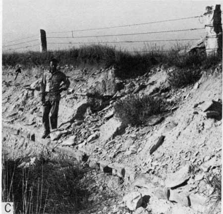 Black and white photo of roadcut, limestone bed at bottom.