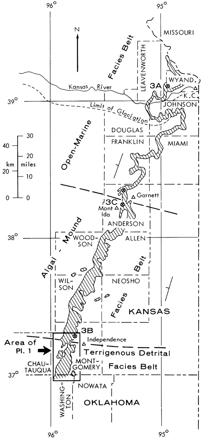 Outcrop runs through Montgomery, Wilson, Woodson and Allen, Anderson, Franklin and Miami, Douglas and Johnson, Leavenworth and Wyandotte.