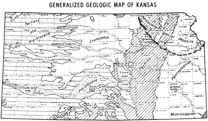 Geologic map of Kansas; Tuttle Creek Reservoir is very near boundary of glacial deposits of NS Kansas.