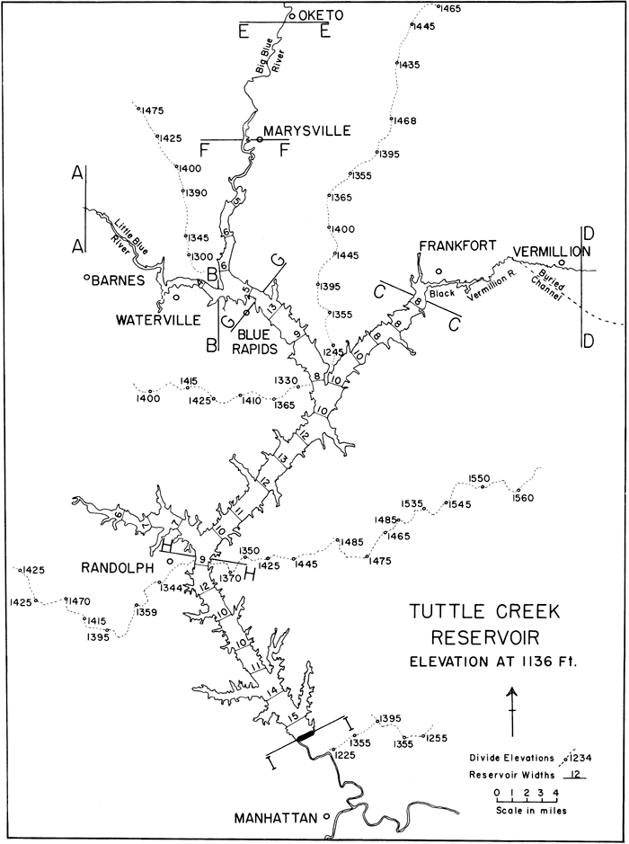 Map of Tuttle Creek Reservoir; cross sections located all along the reservoir.
