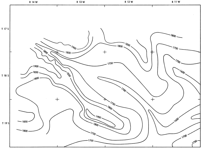 Contour map shows highs of 1900 in south, staying at 1800 to southwest and 1750 to southeast; low of 1700 in center