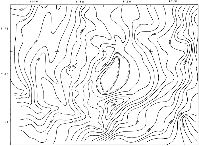 Contour map shows depression of 20 feet in center from general elevation of 1120; rises to 1280 in southeast and 1260 in northeast; drops to 1000 in far northwest.