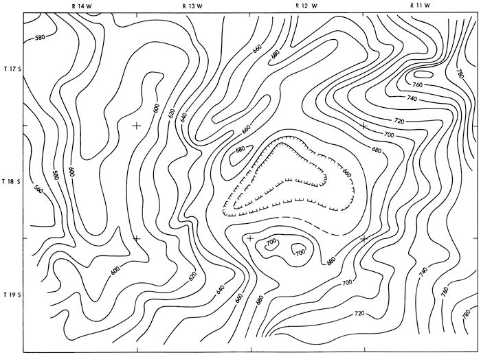 Contour map shows depression of 20-30 feet in center from general elevation of 670; rises to 780 in east and drops to 580 in far northwest.